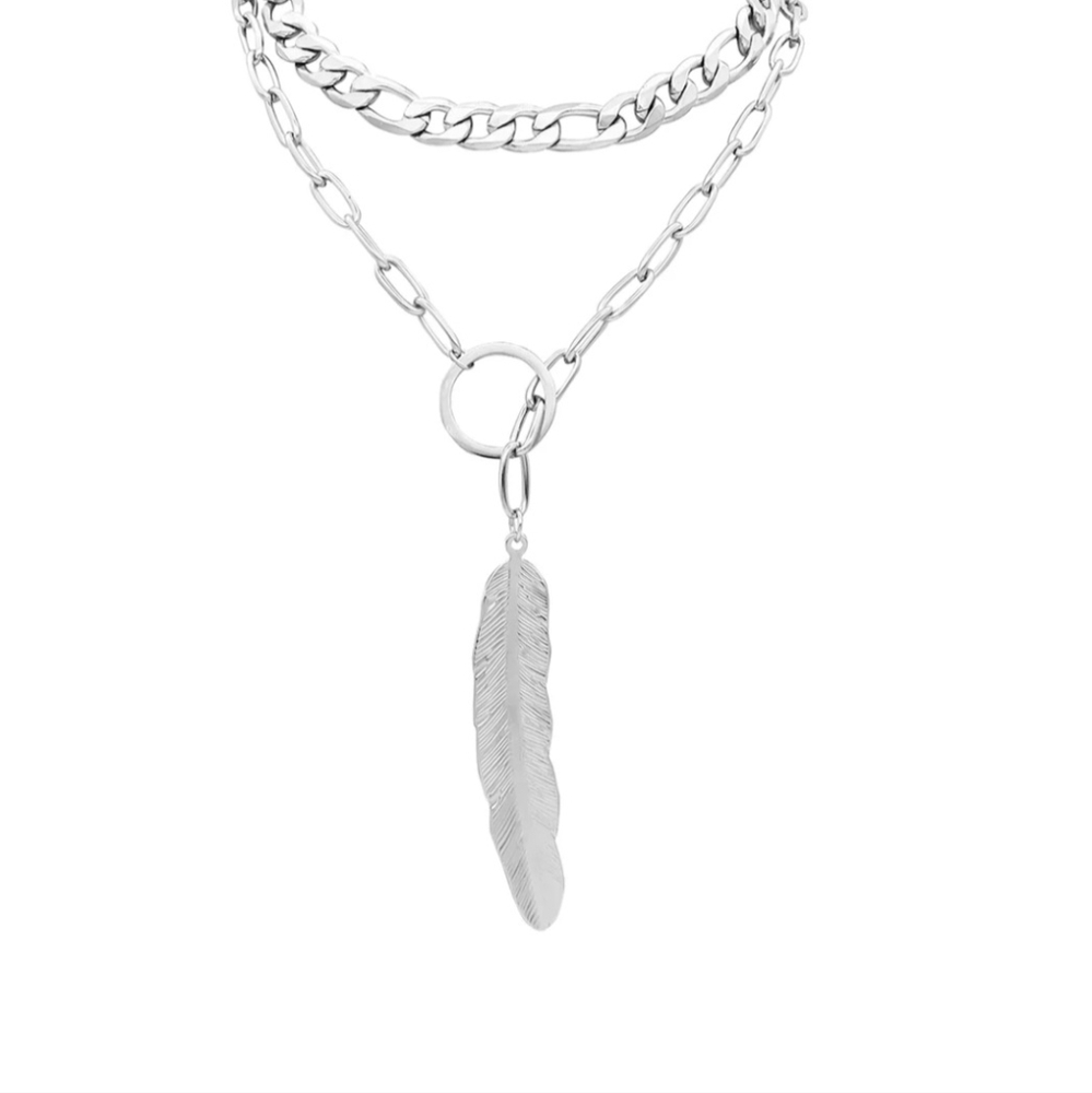 **NEW**NEVER WORN STAINLESS STEEL RHODIUM PLATED Chain Leaf Y Necklace